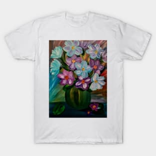 Some mixed carnations flowers in a vintage style gold and turquoise vase . O T-Shirt
